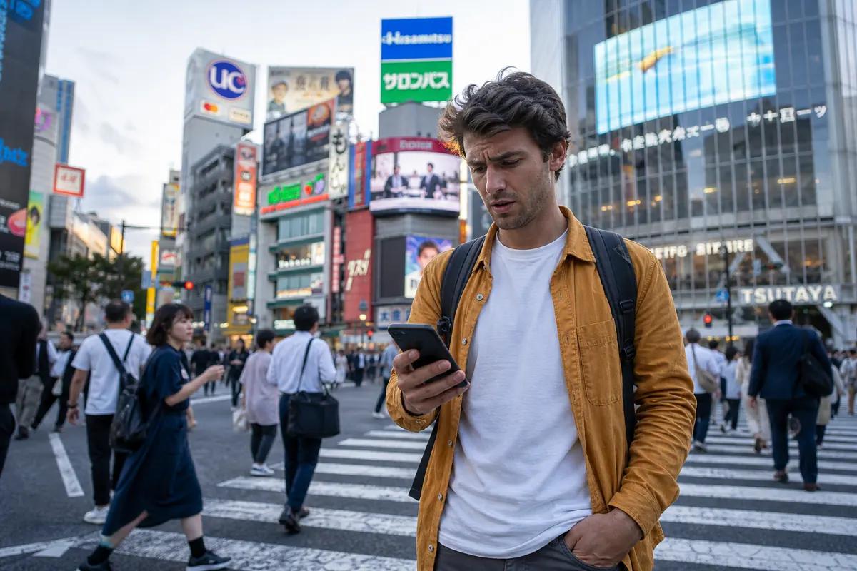 Traveler checking his smartphone while crossing a busy Tokyo pedestrian crossing at dusk