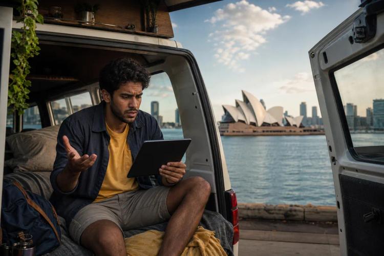 Puzzled traveler holding a tablet in the back of a camper van facing the Sydney Opera House