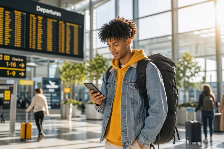 Young backpacker looking at his phone in an airport terminal beneath the departures board