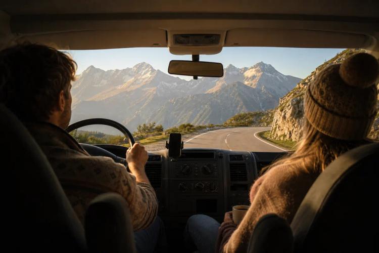Couple en van sur une route de montagne, vue depuis l'habitacle, smartphone fixé au tableau de bord