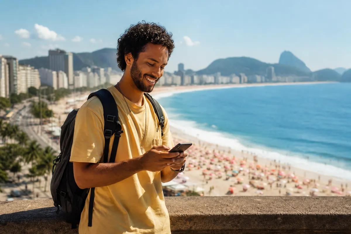 Voyageur souriant pianotant sur son téléphone face à une grande plage urbaine bordée de montagnes