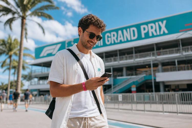 Smiling man checking his smartphone in front of a racetrack grandstand lined with palm trees