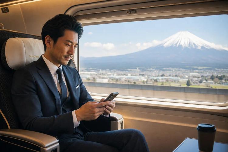 Businessman using his smartphone aboard a high-speed train, a snow-capped mountain out the window