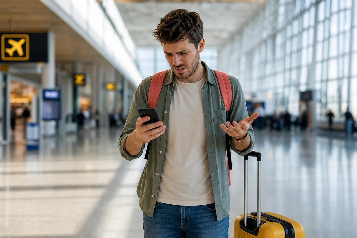Voyageur perplexe levant la main devant son smartphone dans un hall d'aéroport, valise jaune
