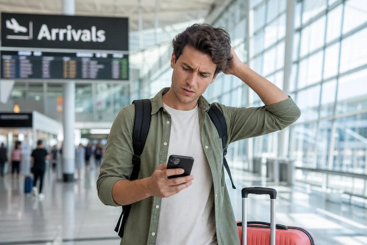 Voyageur contrarié la main dans les cheveux, smartphone en main, sous le panneau des arrivées
