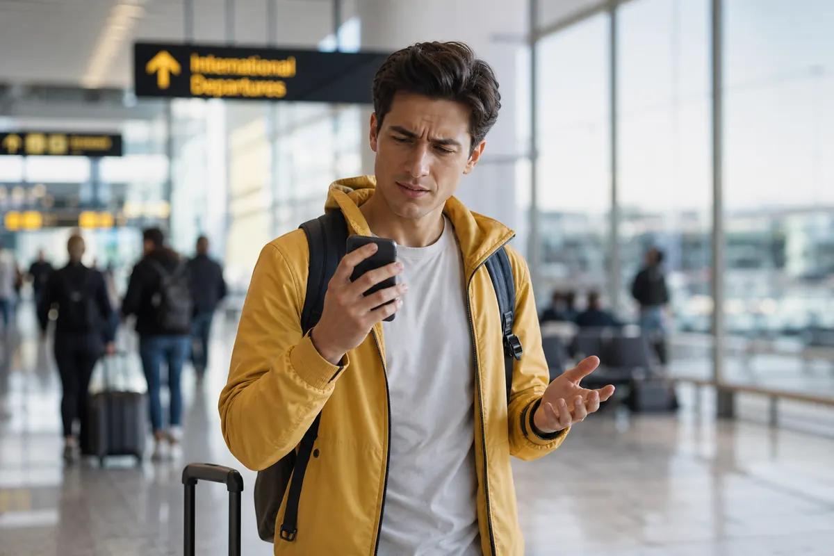 Voyageur perplexe, paume ouverte, fixant son téléphone sous les panneaux de départs internationaux