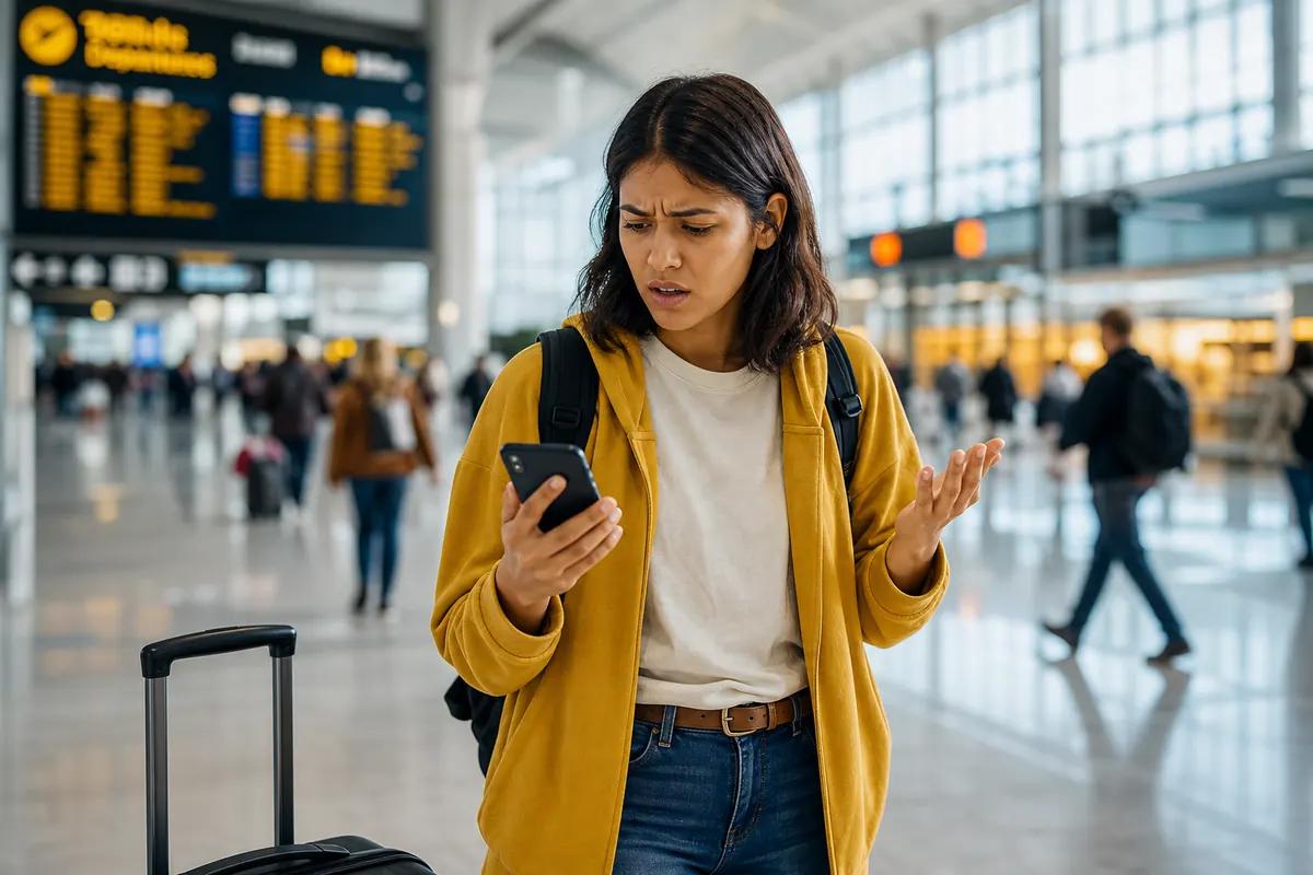 Voyageuse contrariée levant la main devant son téléphone sous le panneau d'affichage des départs