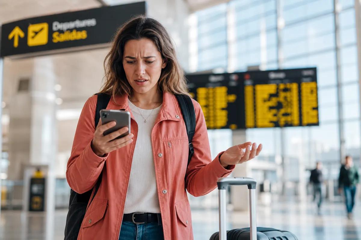Voyageuse perplexe devant l'écran de son smartphone dans un hall d'aéroport, valise à ses côtés