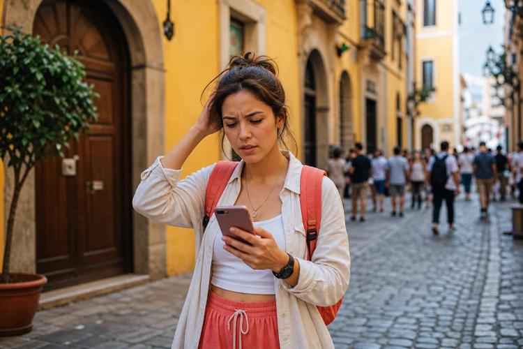 Voyageuse désorientée regardant son smartphone dans une ruelle pavée aux façades jaunes