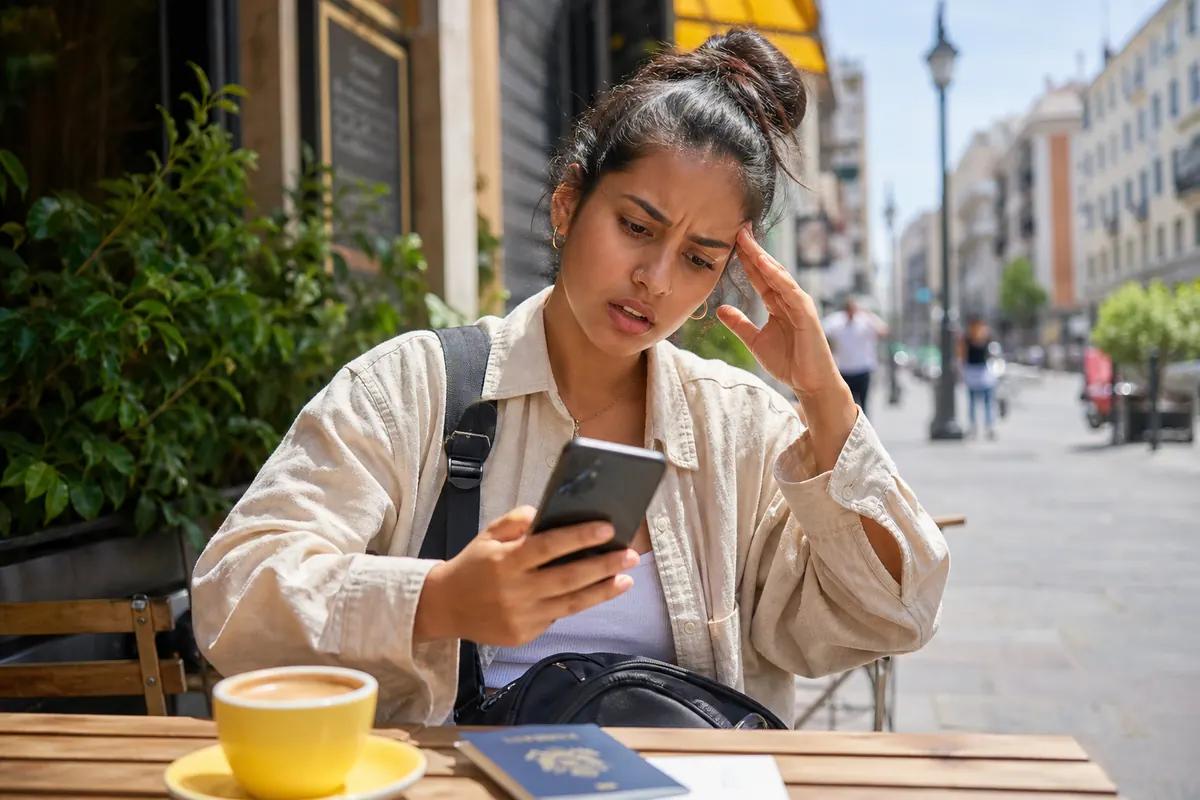 Jeune femme contrariée fixant son smartphone en terrasse, café et passeport posés sur la table
