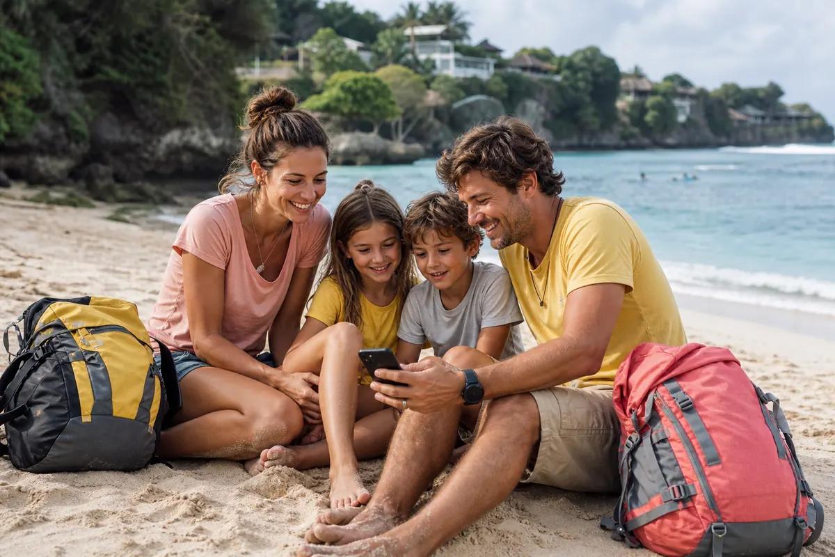Family sitting on the sand looking at a smartphone together, turquoise sea and greenery behind