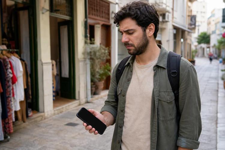 Frustrated traveler holding a smartphone with a blank screen in a narrow shopping street
