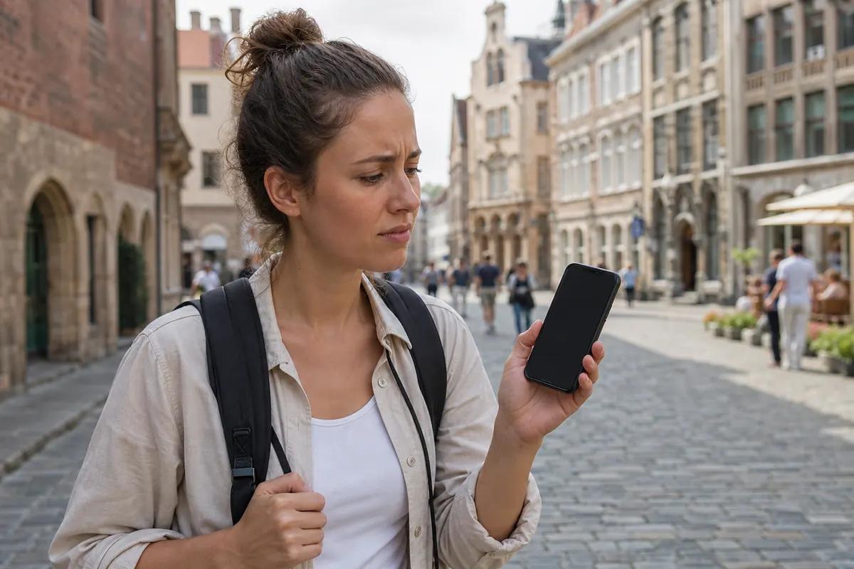 Concerned traveler holding a smartphone with a black screen on a cobbled European street