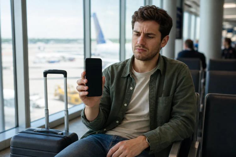 Seated traveler holding up his smartphone with a blank screen, suitcase beside him at the gate