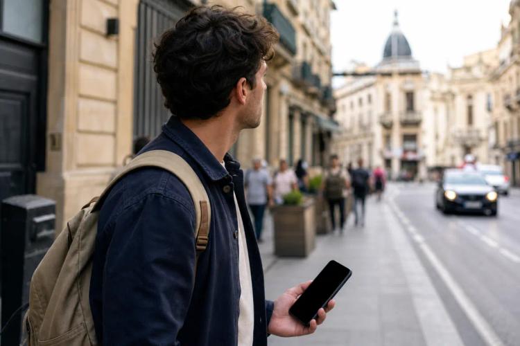 Traveler seen from behind on a city street, holding a phone with a dark screen, looking away