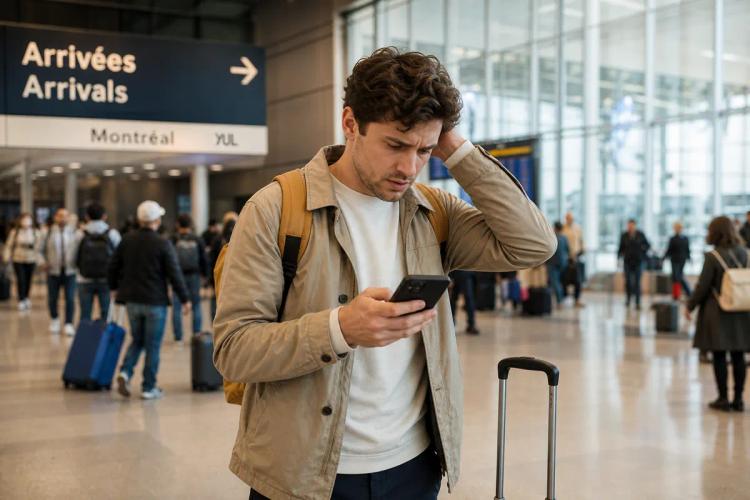 Voyageur se tenant la tête devant son téléphone sous le panneau des arrivées d'un aéroport bilingue