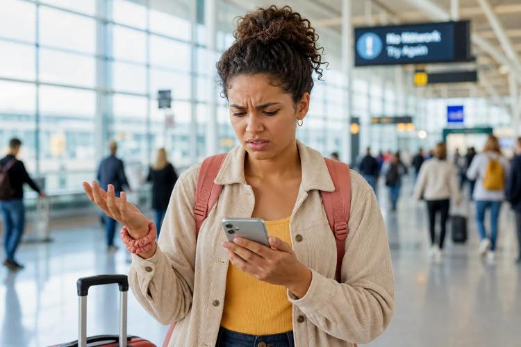 Annoyed female traveler holding up her hand while looking at her phone in an airport hall