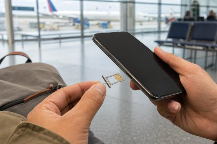 Hands pulling the SIM tray out of a smartphone in a boarding lounge, plane seen through the glass