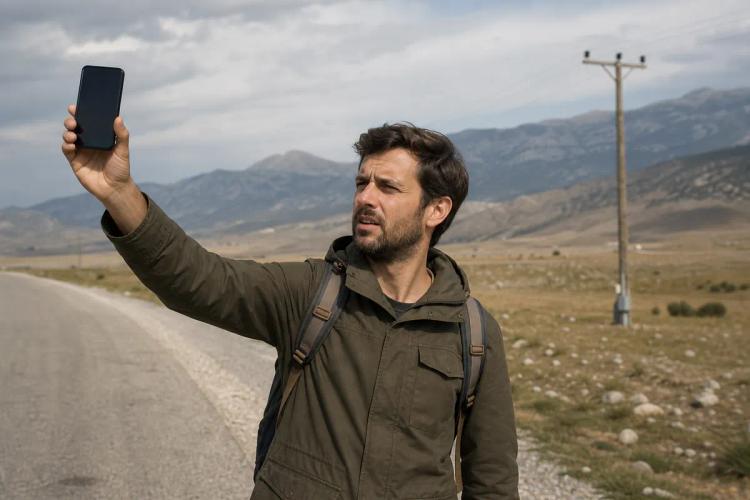 Traveler raising his phone at arm's length on an empty mountain road, searching for signal