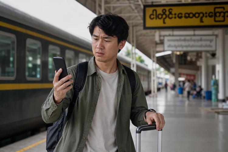 Puzzled traveler looking at his smartphone on a station platform, suitcase in hand, train at rest