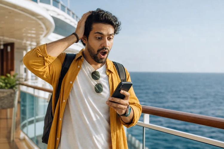 Stunned passenger staring at his smartphone on a cruise ship deck, open sea behind him