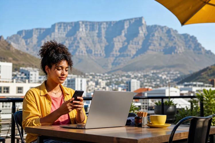 Young woman working on a laptop and smartphone from a rooftop terrace facing a flat-topped mountain
