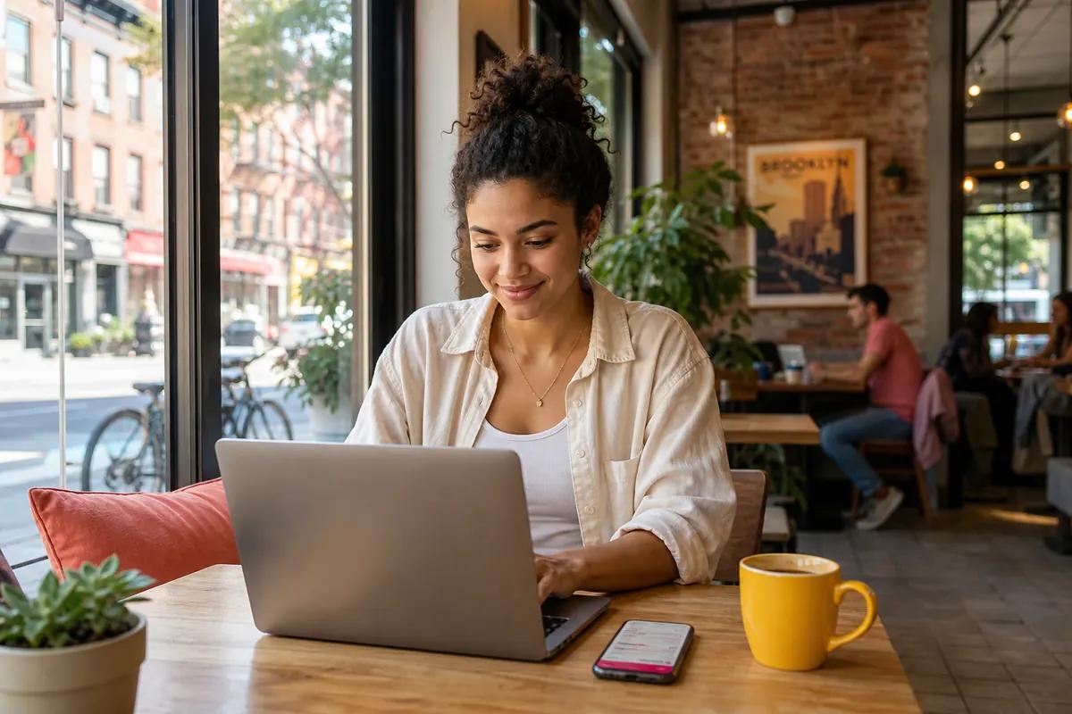 Jeune femme travaillant sur son ordinateur portable dans un café new-yorkais, smartphone posé à côté