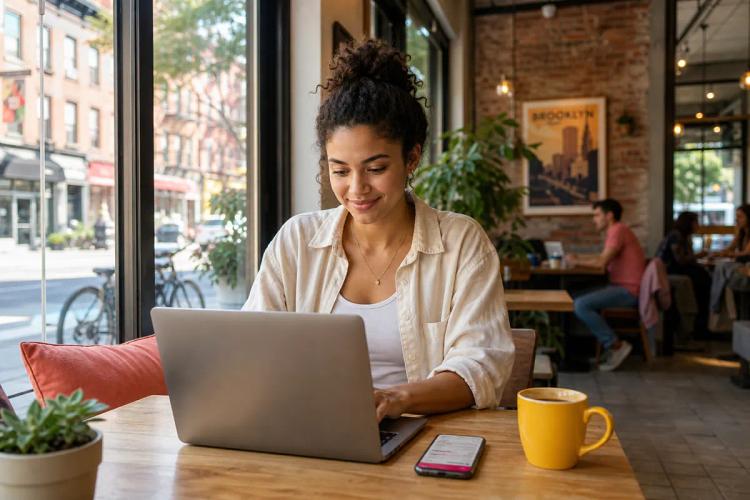 Jeune femme travaillant sur son ordinateur portable dans un café new-yorkais, smartphone posé à côté