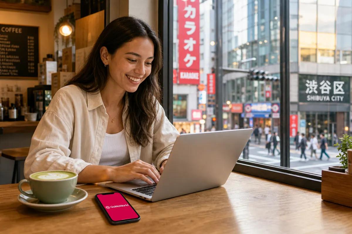 Femme travaillant sur son ordinateur portable dans un café, rue commerçante de Tokyo derrière la vitre