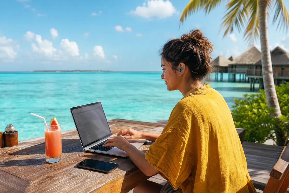 Femme travaillant sur son ordinateur portable face à un lagon turquoise et des bungalows sur pilotis