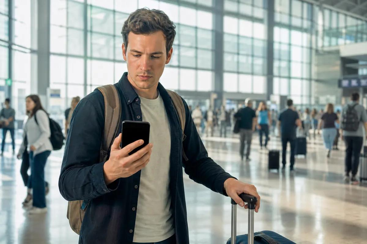 Voyageur concentré sur son smartphone dans un terminal lumineux, valise à roulettes à ses côtés