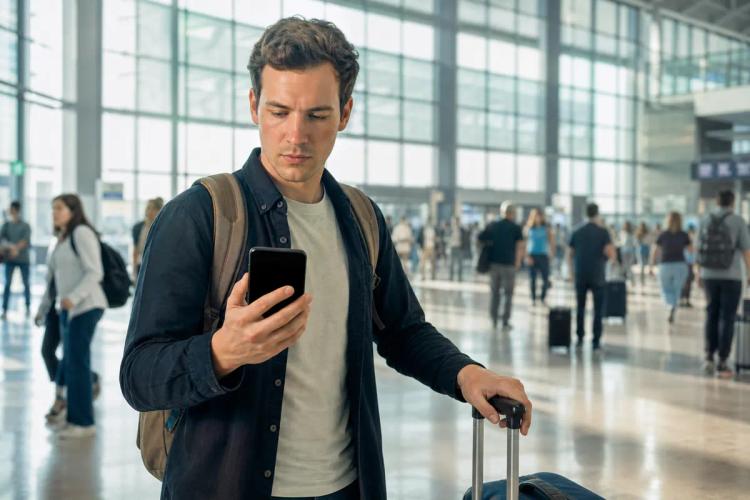 Voyageur concentré sur son smartphone dans un terminal lumineux, valise à roulettes à ses côtés