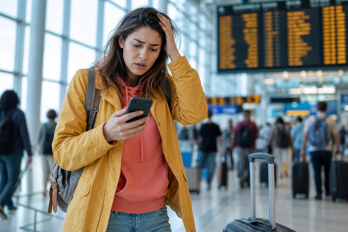 Voyageuse inquiète devant son smartphone dans un aéroport bondé, tableau des vols en arrière-plan