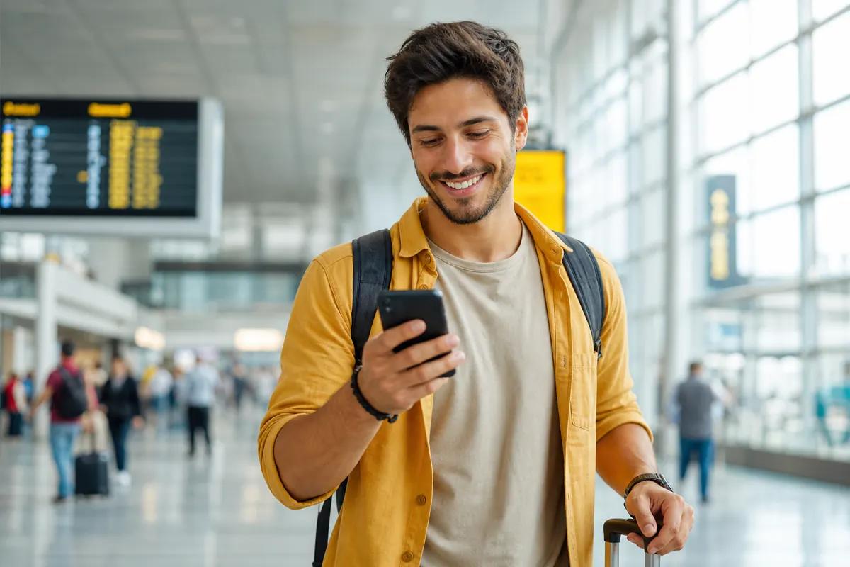 Voyageur souriant tirant sa valise et consultant son téléphone dans le hall lumineux d'un aéroport