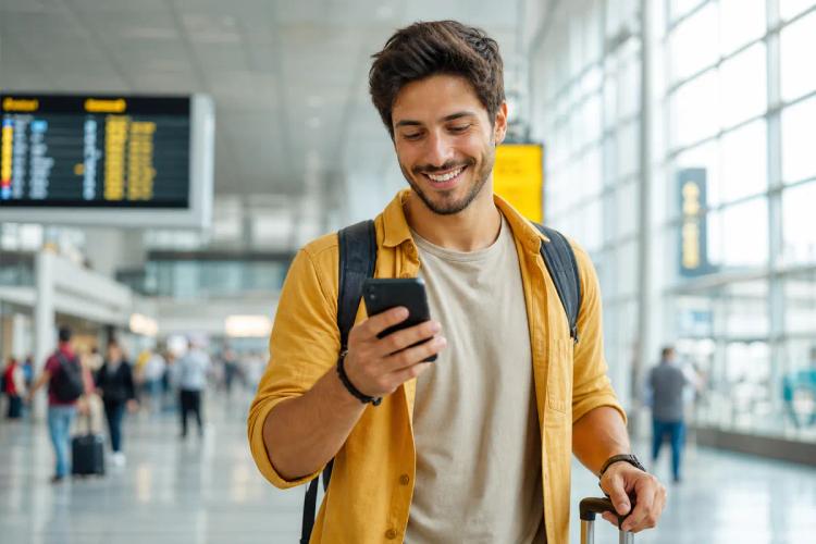 Voyageur souriant tirant sa valise et consultant son téléphone dans le hall lumineux d'un aéroport