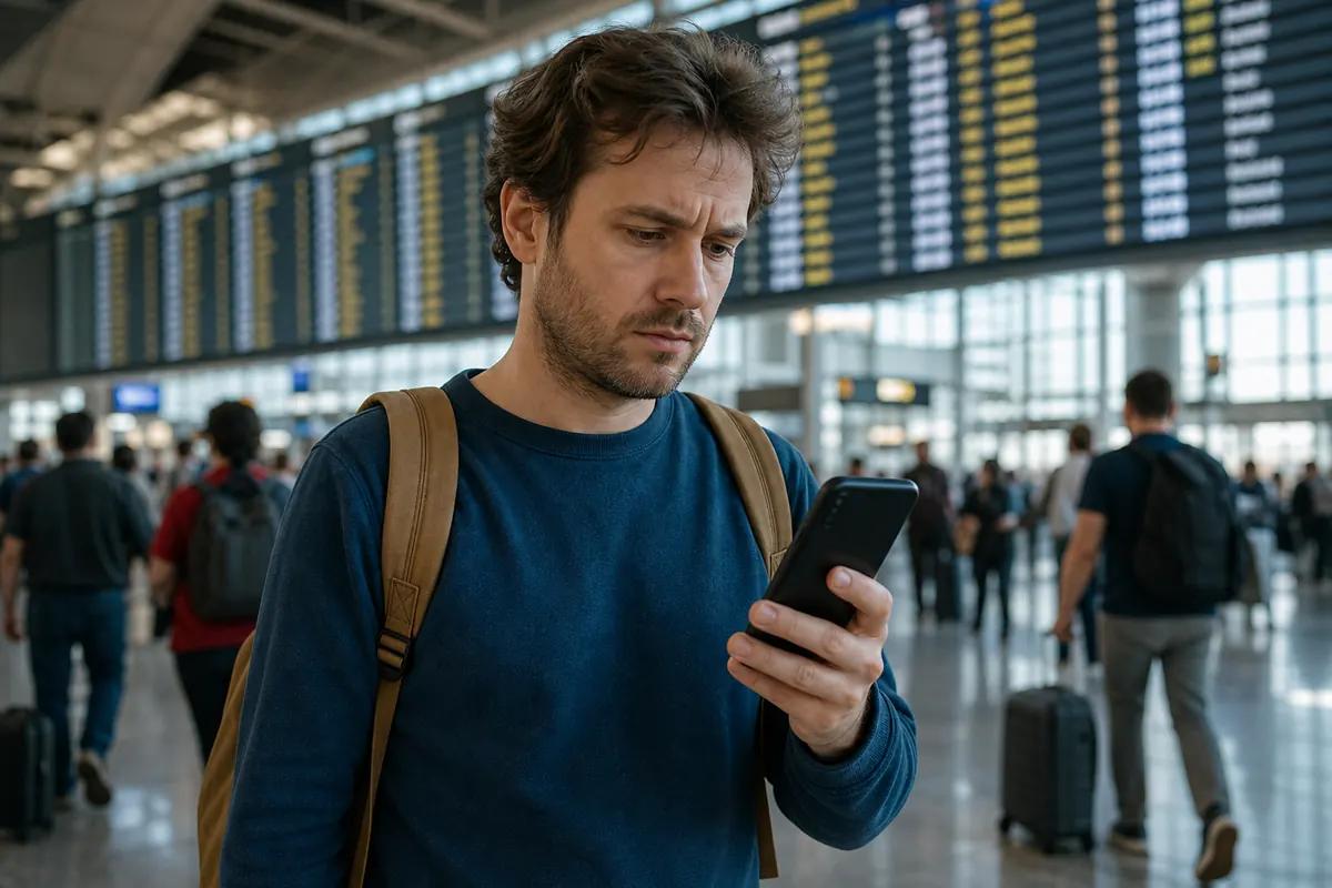 Homme au sac à dos fronçant les sourcils sur son smartphone sous les panneaux d'affichage d'un aéroport