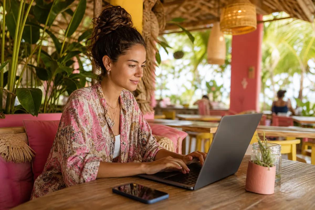 Jeune femme travaillant sur son ordinateur portable dans un café tropical entouré de plantes
