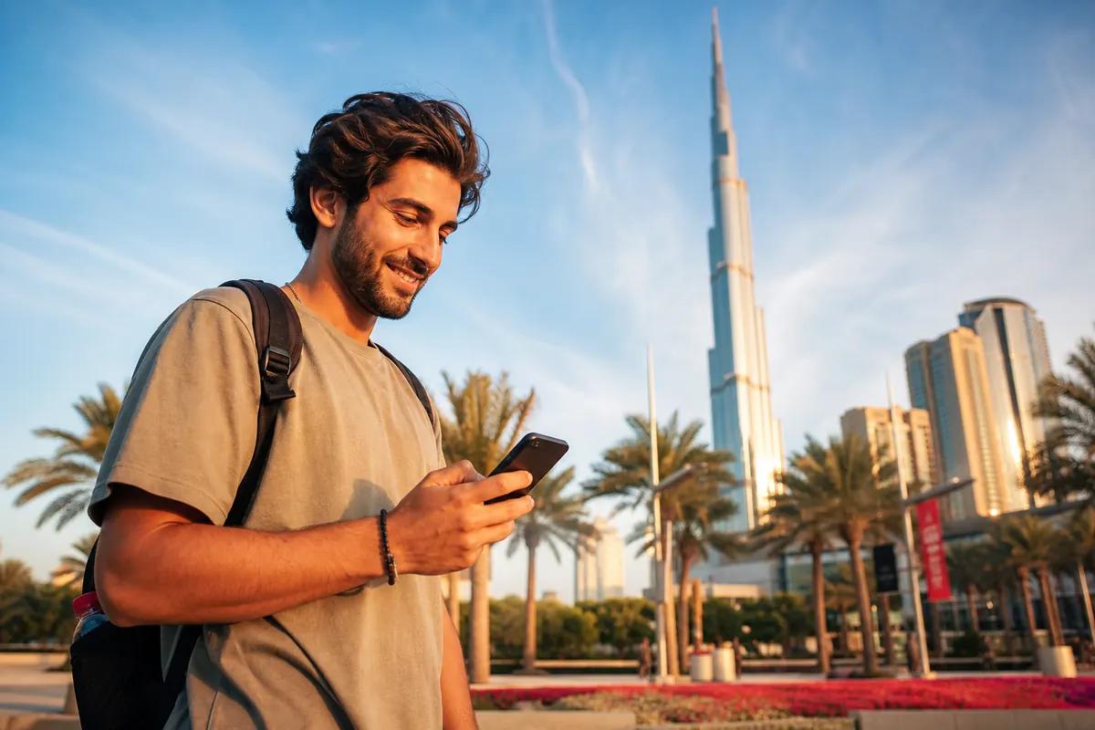 Homme souriant consultant son smartphone parmi les palmiers, gratte-ciel de Dubaï en fond