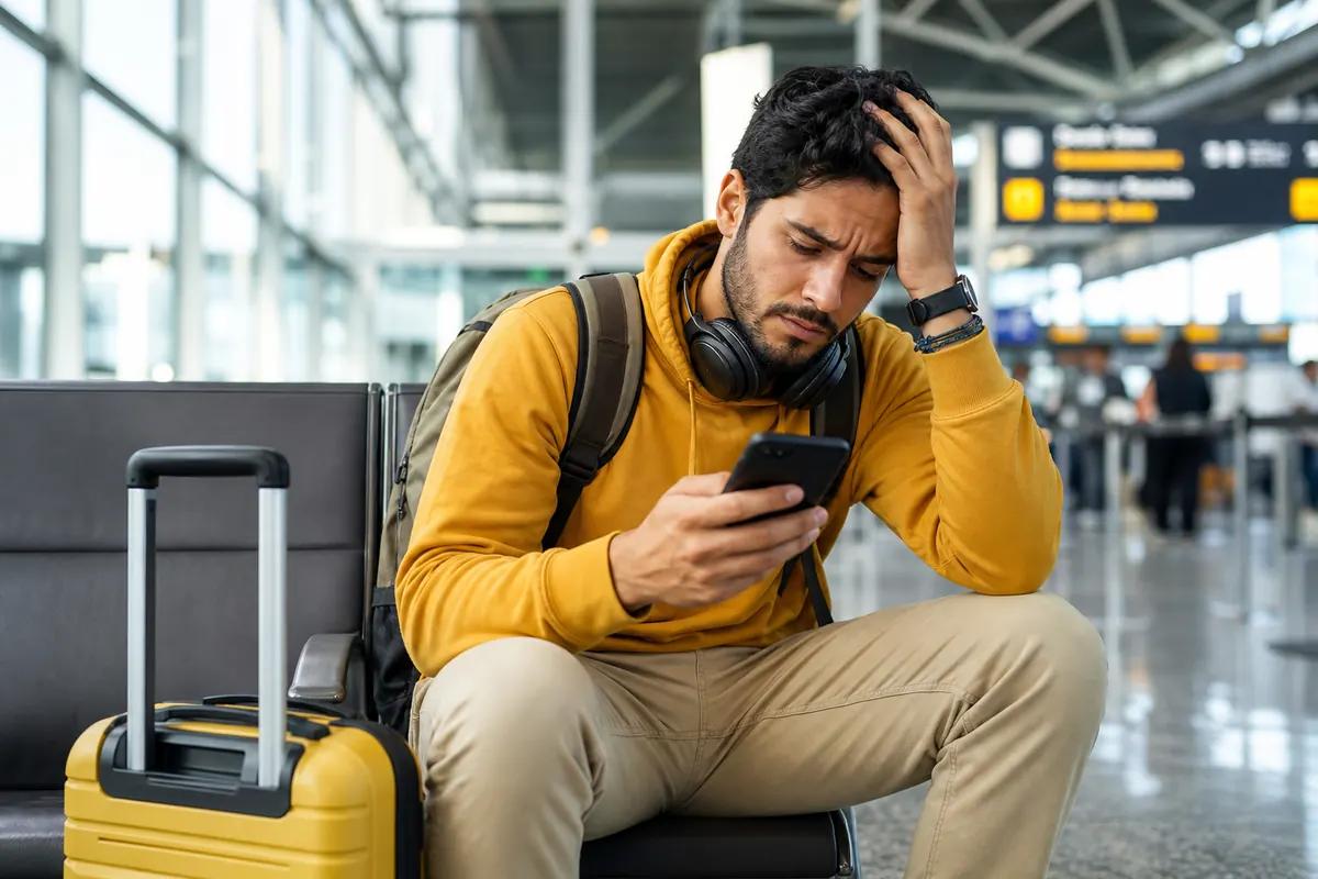 Voyageur assis dans un terminal, tête dans la main, consultant son smartphone près de sa valise