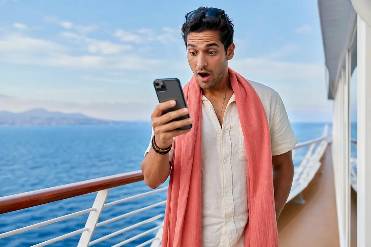 Passager surpris devant son smartphone sur le pont d'un bateau de croisière, mer à perte de vue