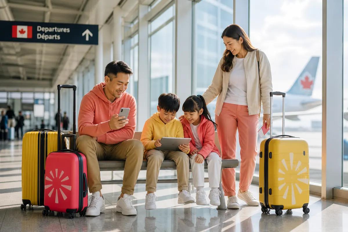 Family of four using a phone and tablet by their suitcases in a Canadian airport departures hall