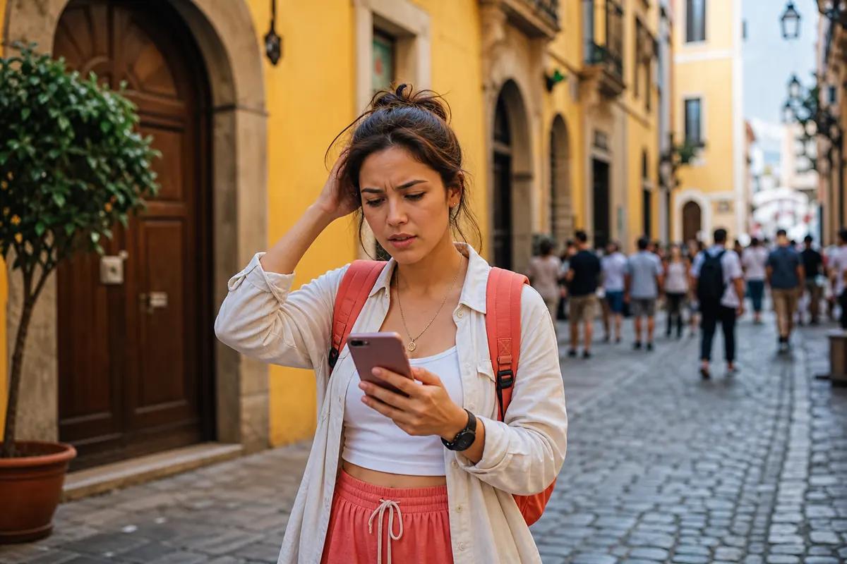 Disoriented female traveler looking at her smartphone in a cobbled street lined with yellow facades