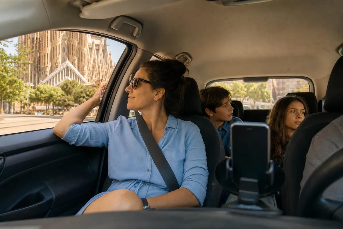 Mother and her two children in a car by the Sagrada Familia, smartphone clipped to a mount
