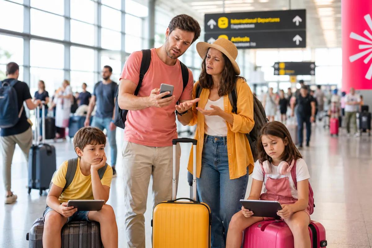 Family with two children in an airport hall, parents worried over a smartphone while the kids wait