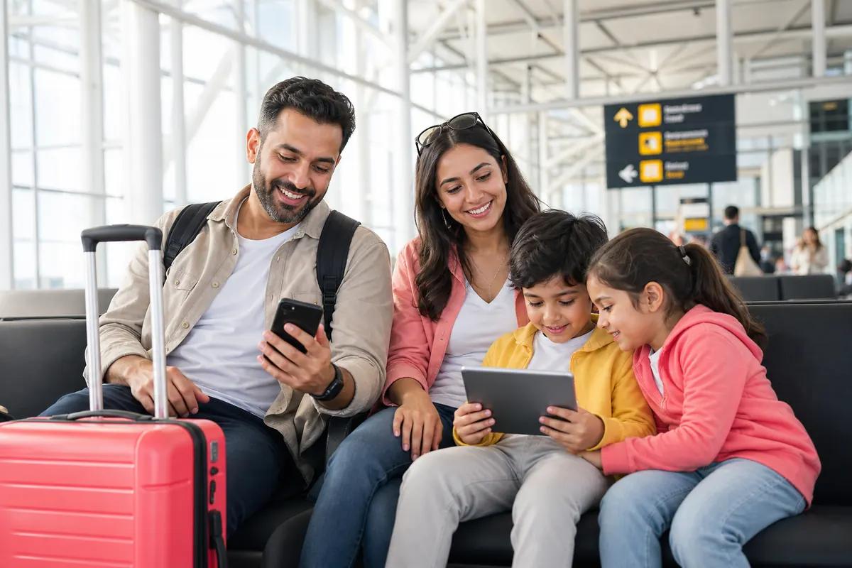 Family seated at an airport gate, father on his phone and children sharing a tablet
