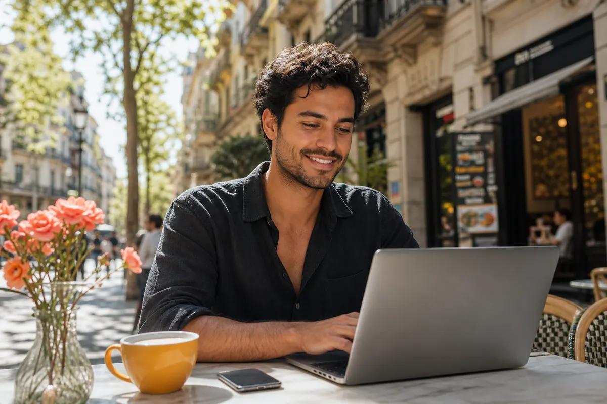 Homme souriant travaillant sur son ordinateur portable à la terrasse d'un café ensoleillé