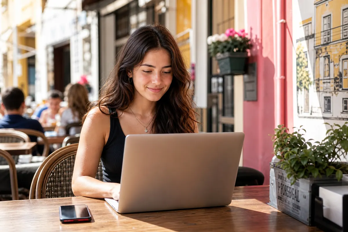 Student using mobile hotspot connection in a cafe in Portugal