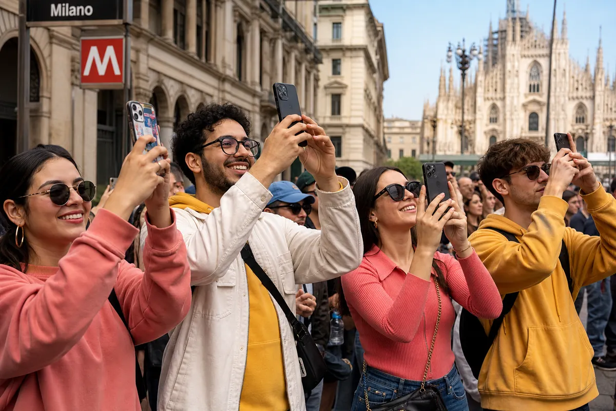 Connected fans using their smartphones in a street in Milan.
