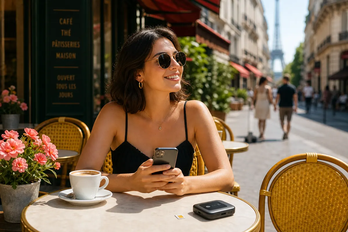 Relaxed female traveler using her smartphone without stress at an Italian cafe terrace.
