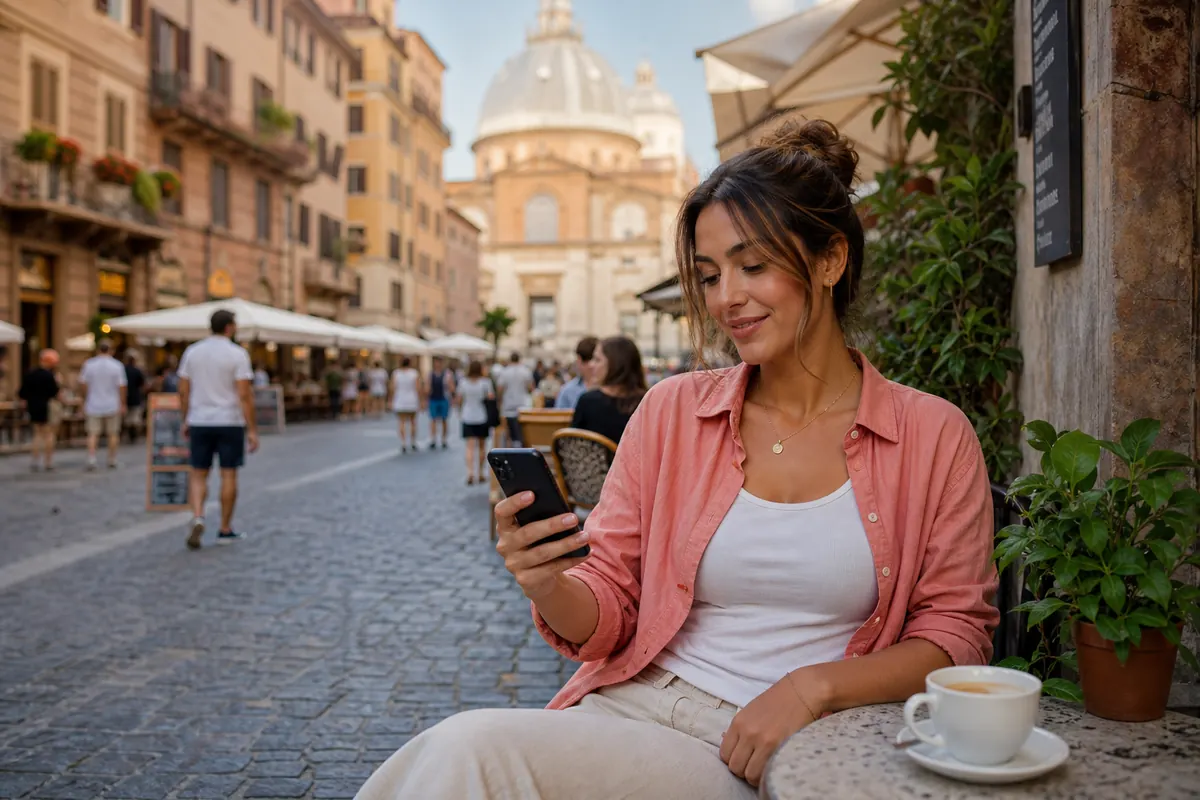 Relaxed traveler at the airport programming the activation of their Italy eSIM.